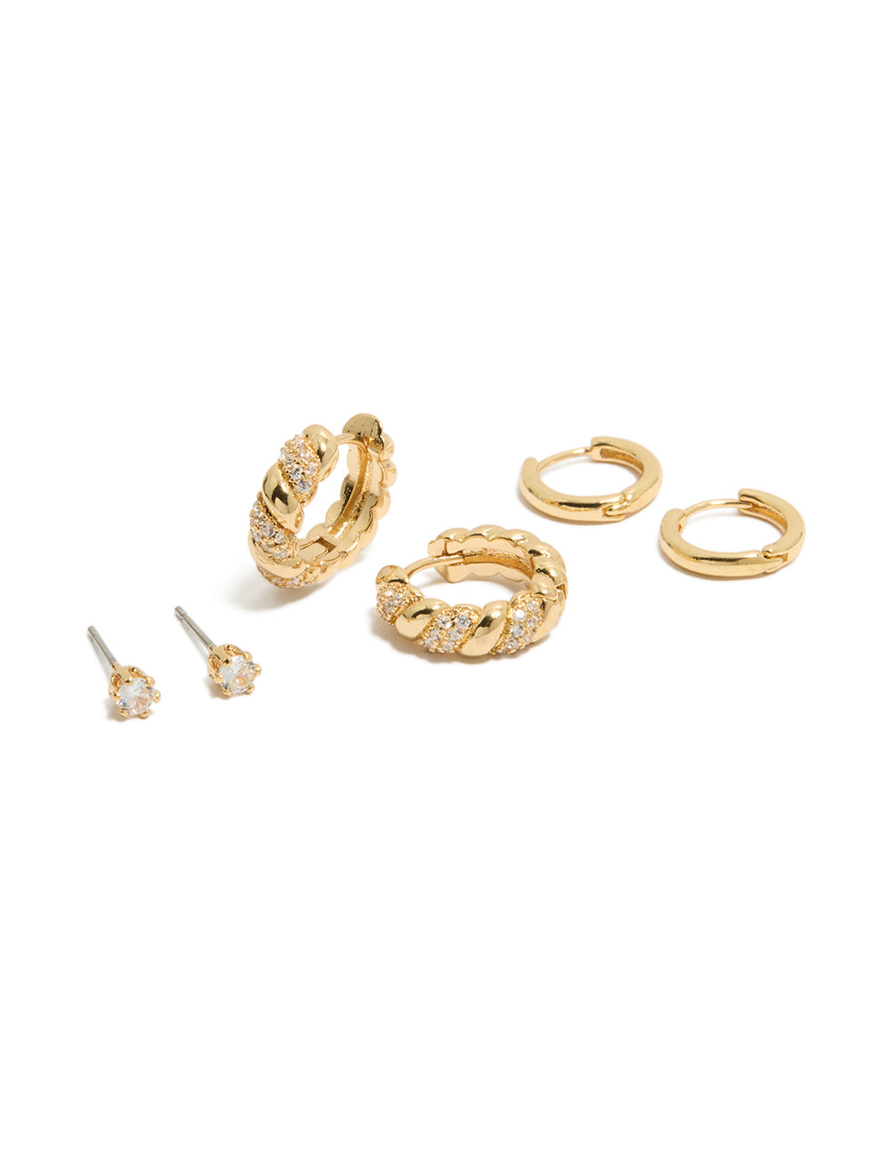 Showcasing gold plated cubic zirconia twist mini huggie and stud earrings in a 3-pack with crystal accents front view