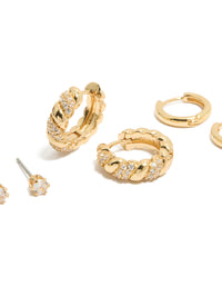 Gold Plated Cubic Zirconia Twist Mini Huggie & Stud Earrings 3-Pack - link has visual effect only