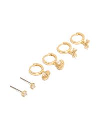 Showcasing gold plated cubic zirconia studs and mini starfish huggie earrings 3-pack featuring shell, ocean pearl crystal front view - link has visual effect only