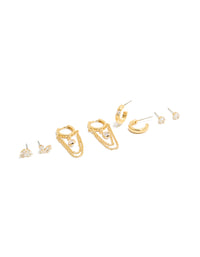 Explore this gold plated double chain huggie and stud earrings 4-pack with cubic zirconia crystal embellishments front view - link has visual effect only