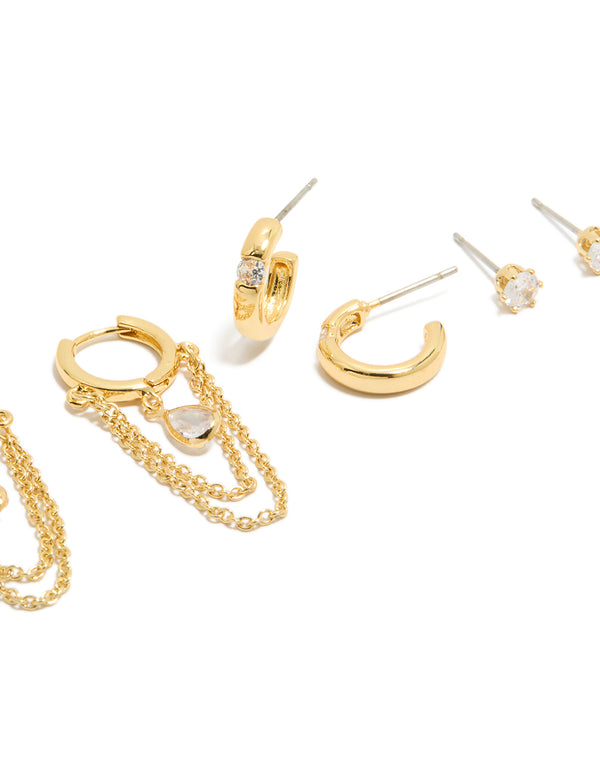 Discover gold plated double chain huggie and stud earrings 4-pack with cubic zirconia crystals close up view