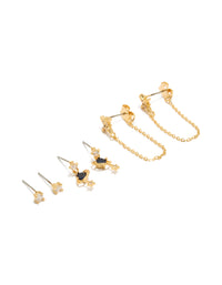 Featuring statement celestial chain & stud earrings crafted from gold plated cubic zirconia with star motifs in a 3-pack front view - link has visual effect only