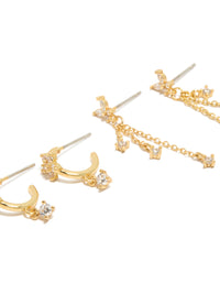 Featuring gold plated butterfly charm chain and stud earrings 3-pack with cubic zirconia and huggie closure close up view - link has visual effect only