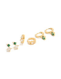 Showcasing a gold plated green and clear cubic zirconia stud and huggie earrings 3-pack front view - link has visual effect only
