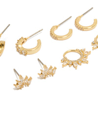 Featuring gold plated cubic zirconia marquise fanned huggies and stud earrings 4-pack with crystal embellishments in huggie and stud closures close up view - link has visual effect only