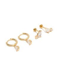 Showcasing gold plated cubic zirconia teardrop flat back studs and huggie earrings pack with titanium in clear front view - link has visual effect only