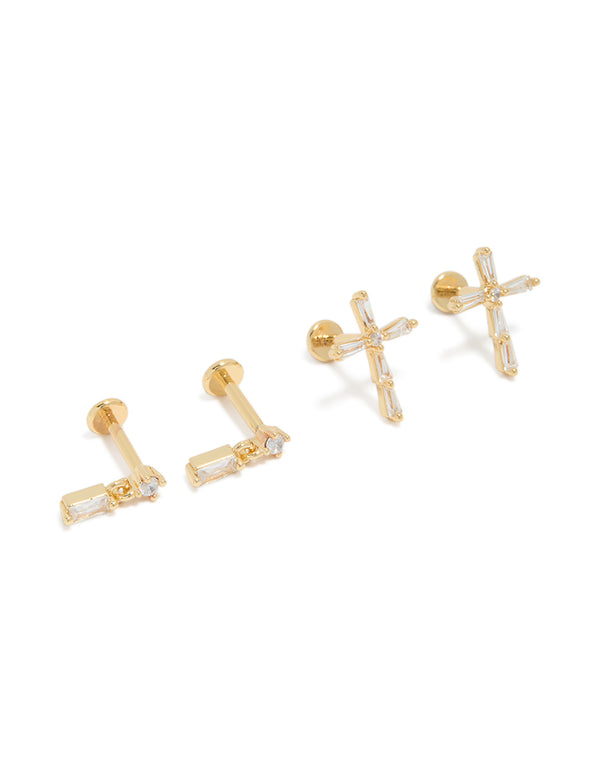 Gold Plated Brass Baguette & Cross Flat Back Studs 2-Pack