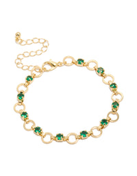 This elegant gold plated link bracelet features alternating round green cubic zirconia stones front view - link has visual effect only