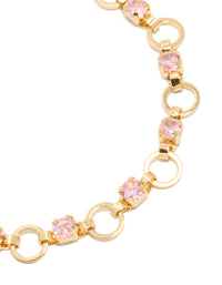 Gold Plated Alternating Pink Cubic Zirconia Round Link Bracelet - link has visual effect only