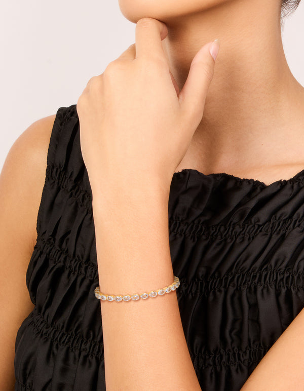 Gold Plated Brass Oval Cubic Zirconia Tennis Bracelet