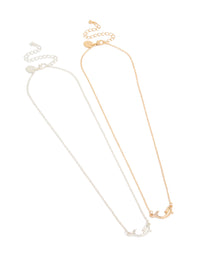 Discover mixed metal diamante dolphin necklaces in a 2-pack with ocean accents in gold and silver front view - link has visual effect only