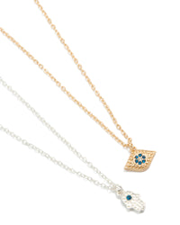 Mixed Metal Evil Eye & Hamsa Hand Necklaces 2-Pack - link has visual effect only