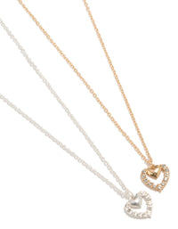 Discover charming heart pendant diamante necklaces in a 2-pack featuring mixed gold and silver metals with delicate chain close up view - link has visual effect only
