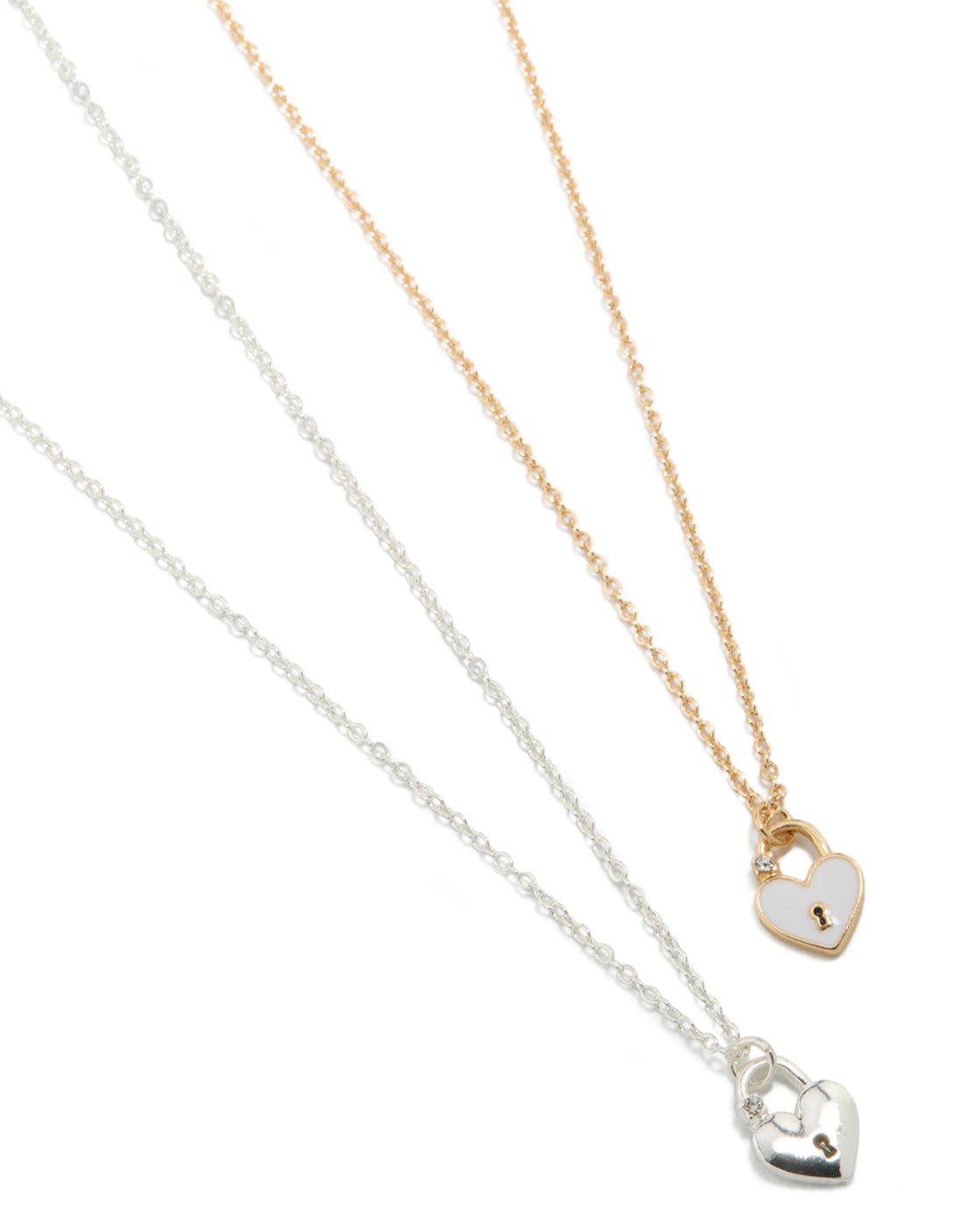 Showcasing mixed metal heart locket necklaces in a 2-pack featuring with crafted from enamel in gold and silver close up view