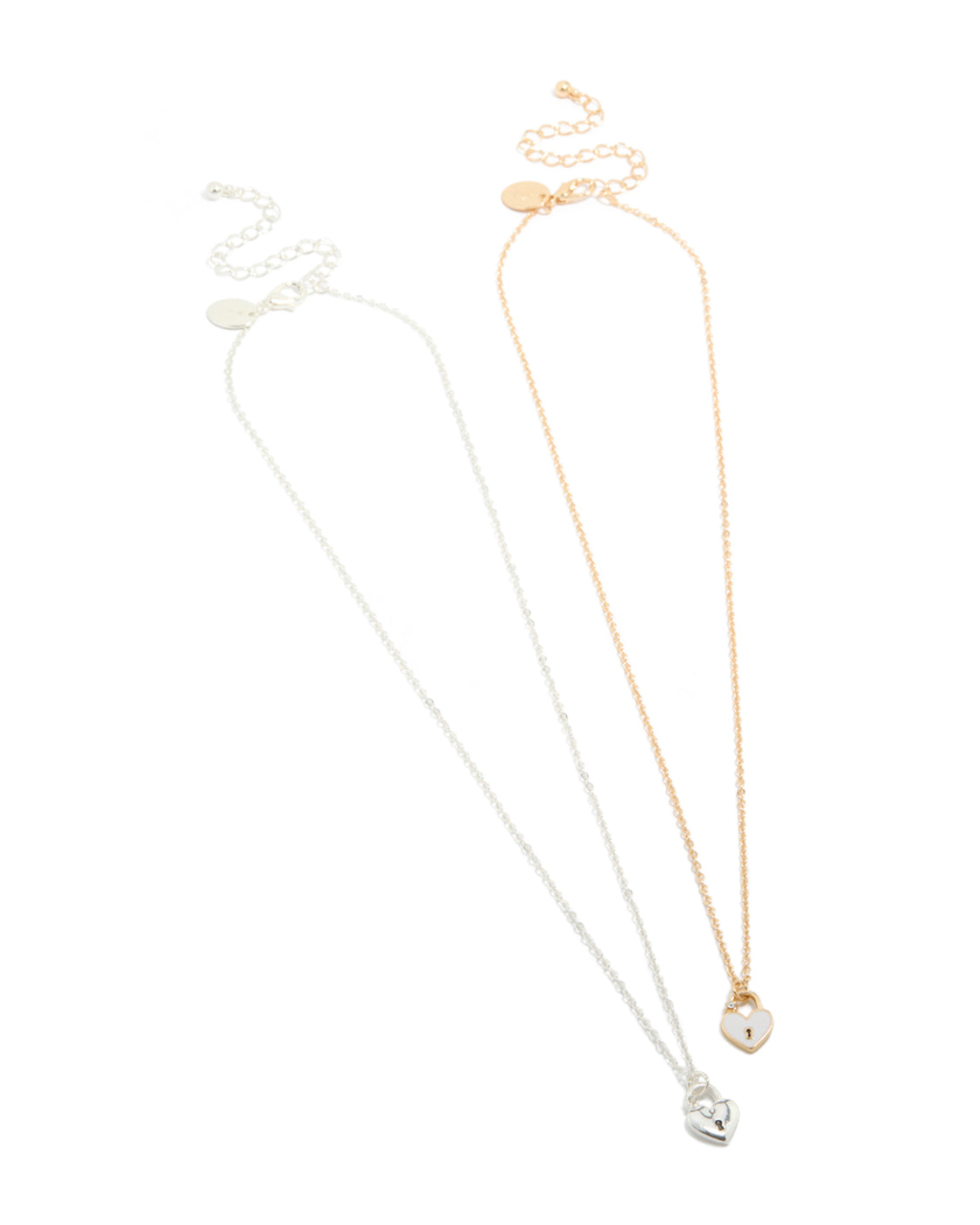 Presenting mixed metal heart locket necklaces in a 2-pack featuring padlock details, crafted from enamel in gold and silver front view