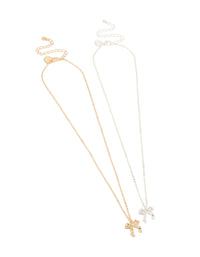 Featuring a bow pendant necklace 2-pack in gold and silver front view - link has visual effect only