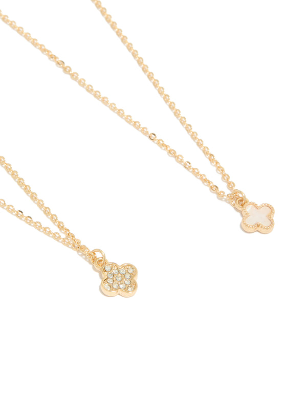 Gold Diamante & Smooth Flower Necklaces 2-Pack