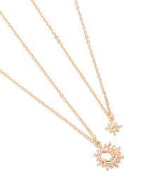 Featuring gold diamante celestial necklaces in a 2-pack with pendant, star, sun details in statement style close up view - link has visual effect only