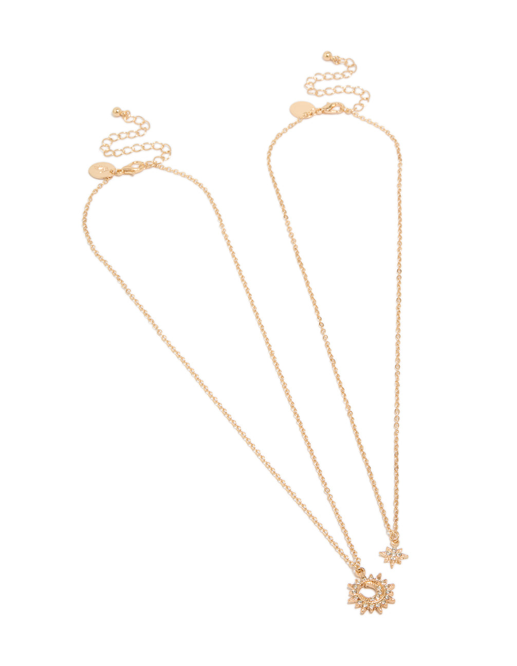 Showcasing gold diamante celestial necklaces in a 2-pack with pendant, star, sun details in statement style front view