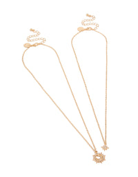 Showcasing gold diamante celestial necklaces in a 2-pack with pendant, star, sun details in statement style front view - link has visual effect only