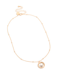 Beautiful butterfly in circle pendant necklace with balls, pearl and gold accents front view - link has visual effect only