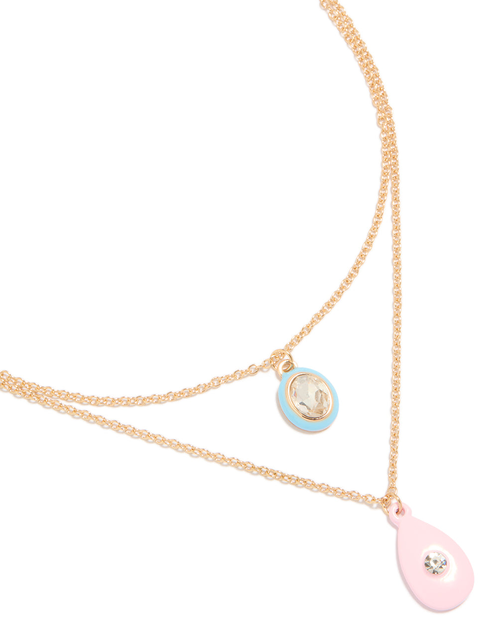 Showcasing a gold acrylic and diamante pendant layered necklace close up view