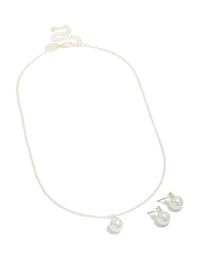Silver Pearl Pendant Necklace & Earrings Set - link has visual effect only