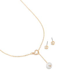 Gold Heart Pearl Necklace & Heart  Earrings Set - link has visual effect only