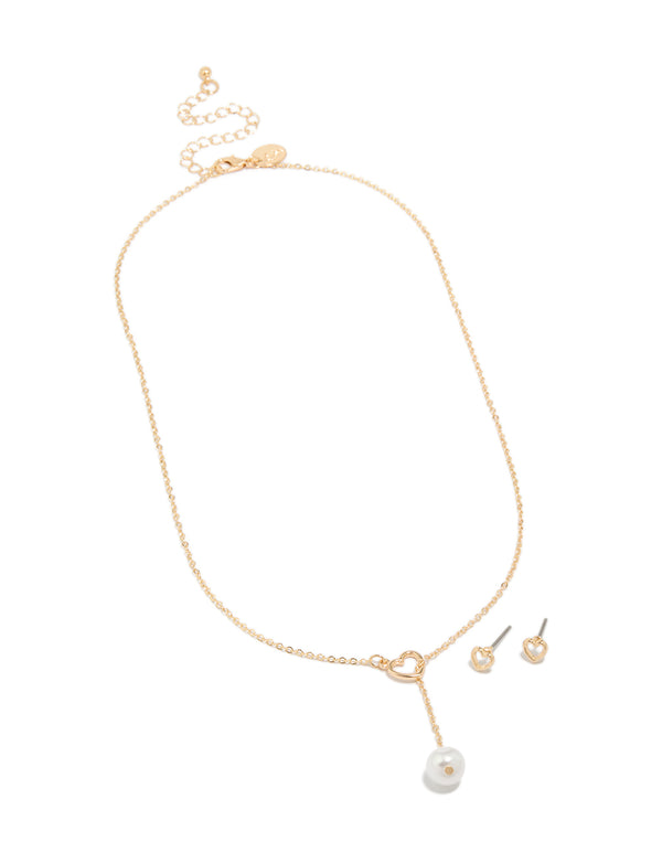 Gold Heart Pearl Necklace & Heart  Earrings Set