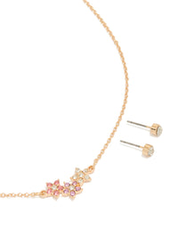 Gold Pink Purple & Clear Diamante Flower Necklace & Earrings Set - link has visual effect only