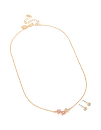 Gold Pink Purple & Clear Diamante Flower Necklace & Earrings Set - link has visual effect only