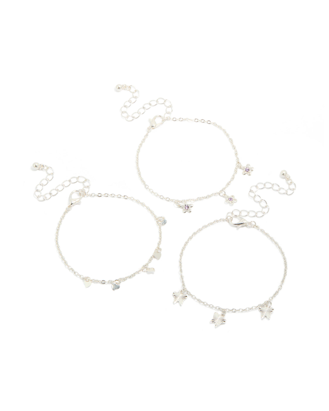 Showcasing silver dainty garden bracelets in a 3-pack featuring butterfly, floral and heart charms front view