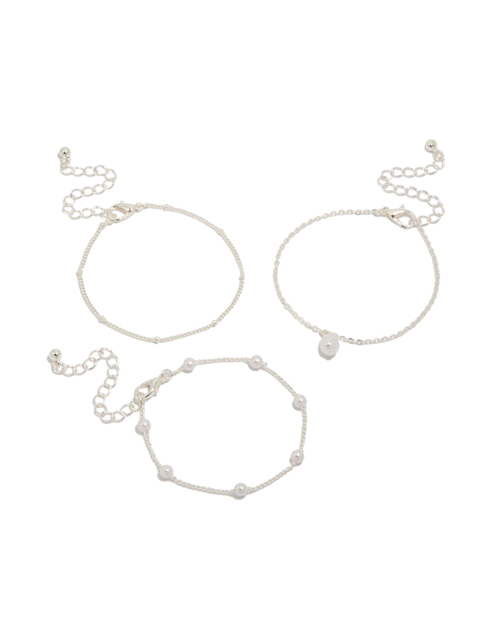 Elegant silver pearl,ball and station drop bracelets in a 3-pack front view