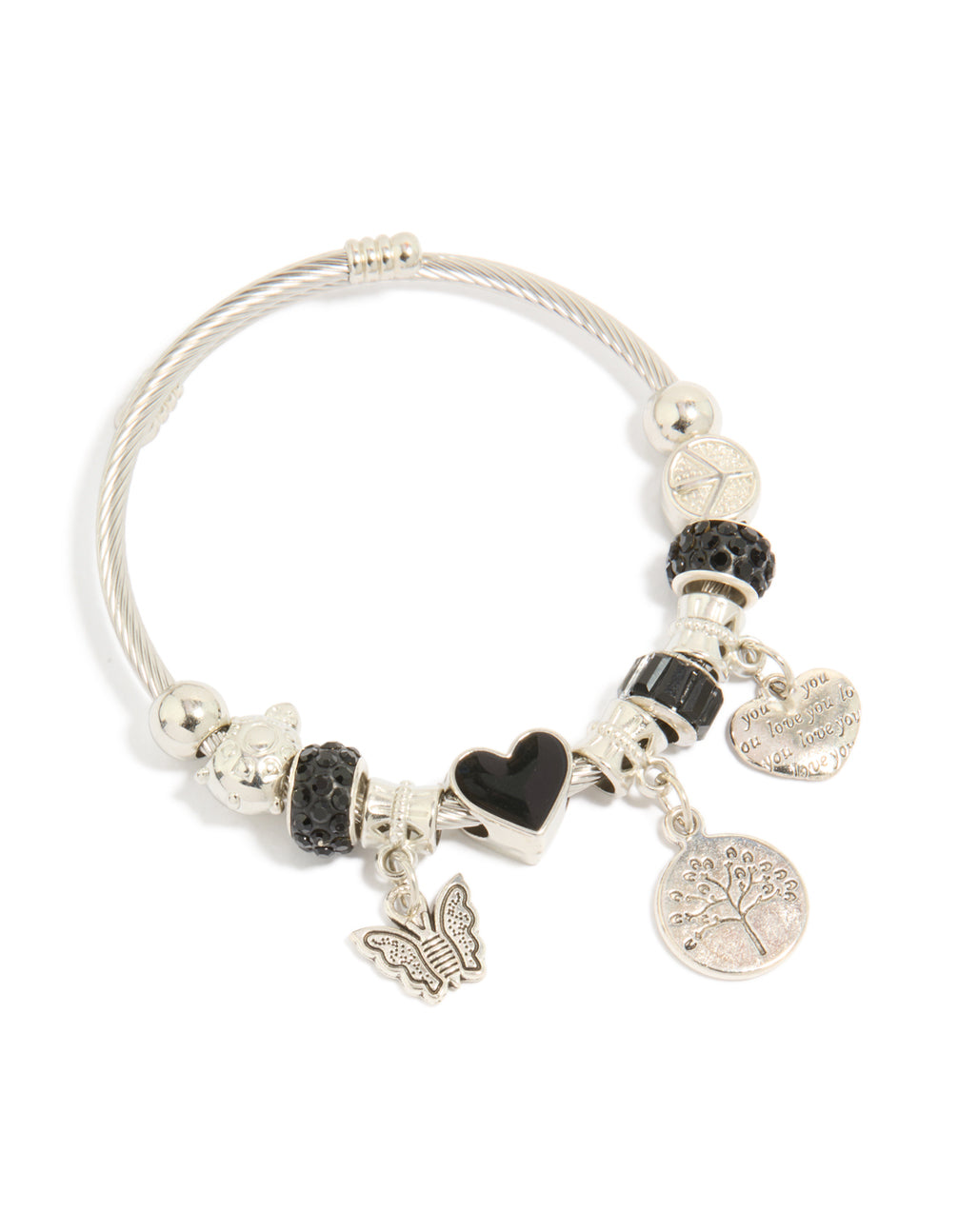 Silver Black Beaded Heart & Tree Charms Bracelet