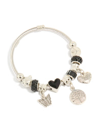 Silver Black Beaded Heart & Tree Charms Bracelet - link has visual effect only