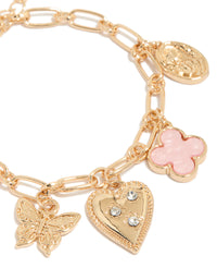 Gold Diamante Heart & Pink Flower Charm Bracelet - link has visual effect only