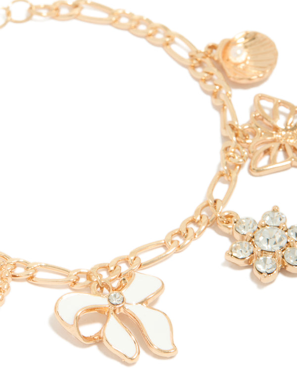Gold Shell, Floral &  Bow Charm Bracelet