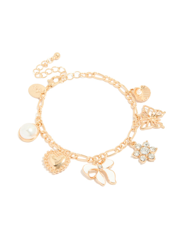 Gold Shell, Floral &  Bow Charm Bracelet