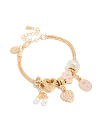 Gold Pearl Heart & Pink Enamel  Flower Charm Bracelet - link has visual effect only