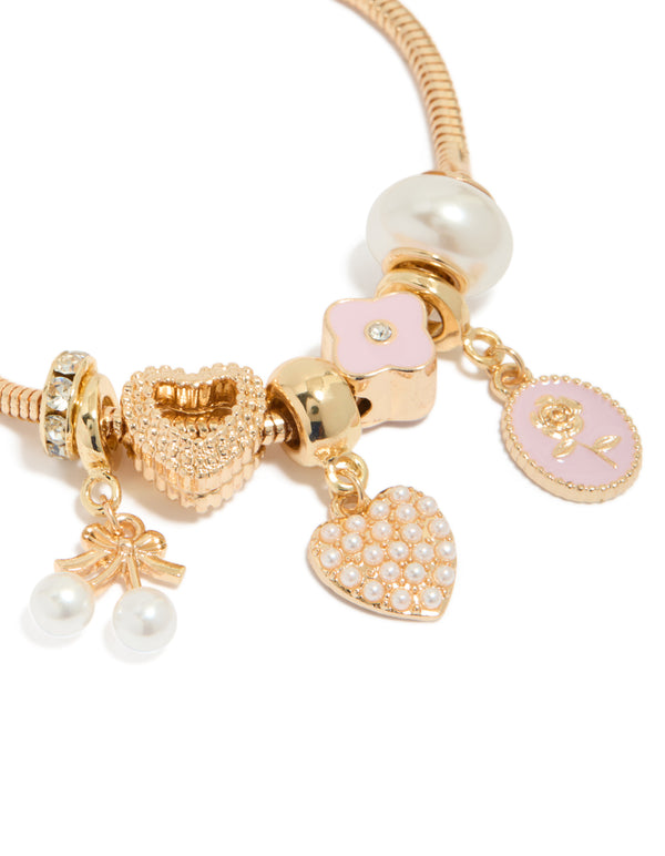 Gold Pearl Heart & Pink Enamel  Flower Charm Bracelet