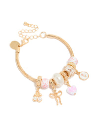 Gold Floral Heart & Pink Painted Beaded Charm Bracelet - link has visual effect only