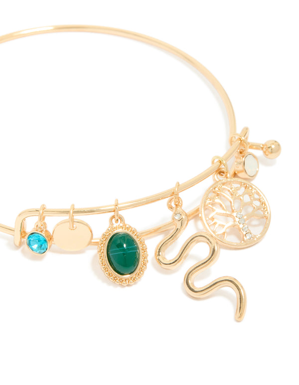 Gold Snake & Tree Of Life Charm Bangle