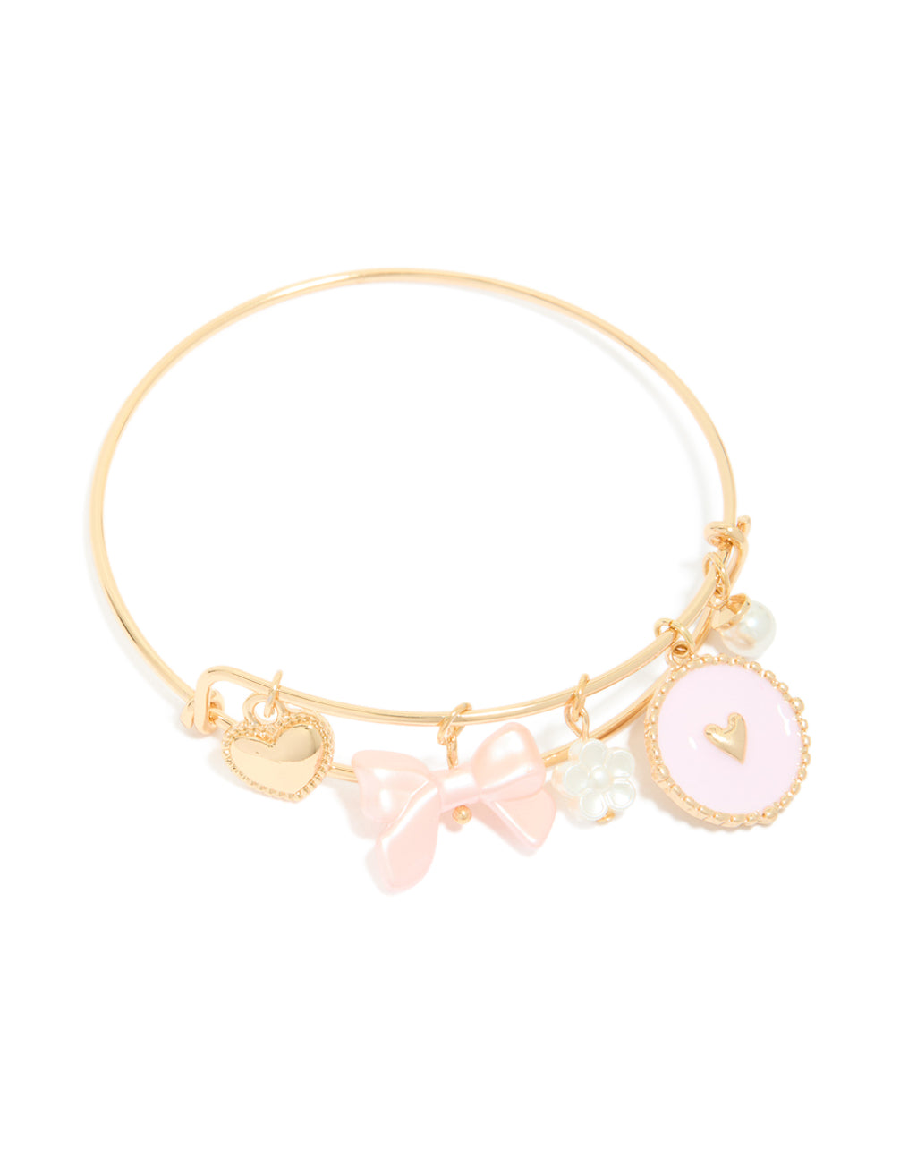 Gold Bow, Heart & Pearl Charm Bangle