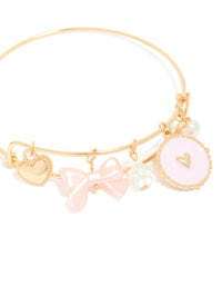 Gold Bow, Heart & Pearl Charm Bangle - link has visual effect only
