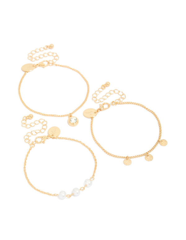 Gold Pearl & Diamante Charm Bracelets 3-Pack