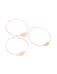 Featuring heart, bow and butterfly bracelets crafted from cord and enamel in a 3-pack with light pink and gold tones front view - link has visual effect only