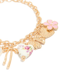 Gold Floral Bow Pearl Charm Bracelet - link has visual effect only