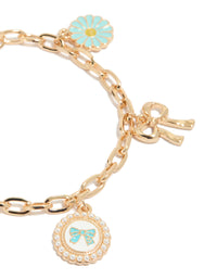 Gold Daisy,Bow & Heart Charm Bracelet - link has visual effect only