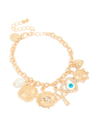 Gold Pearl & Evil Eye Charms Bracelet - link has visual effect only