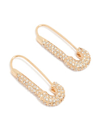Showcasing gold diamante safety pin hoop earrings with sparkling clear stones in a front view - link has visual effect only